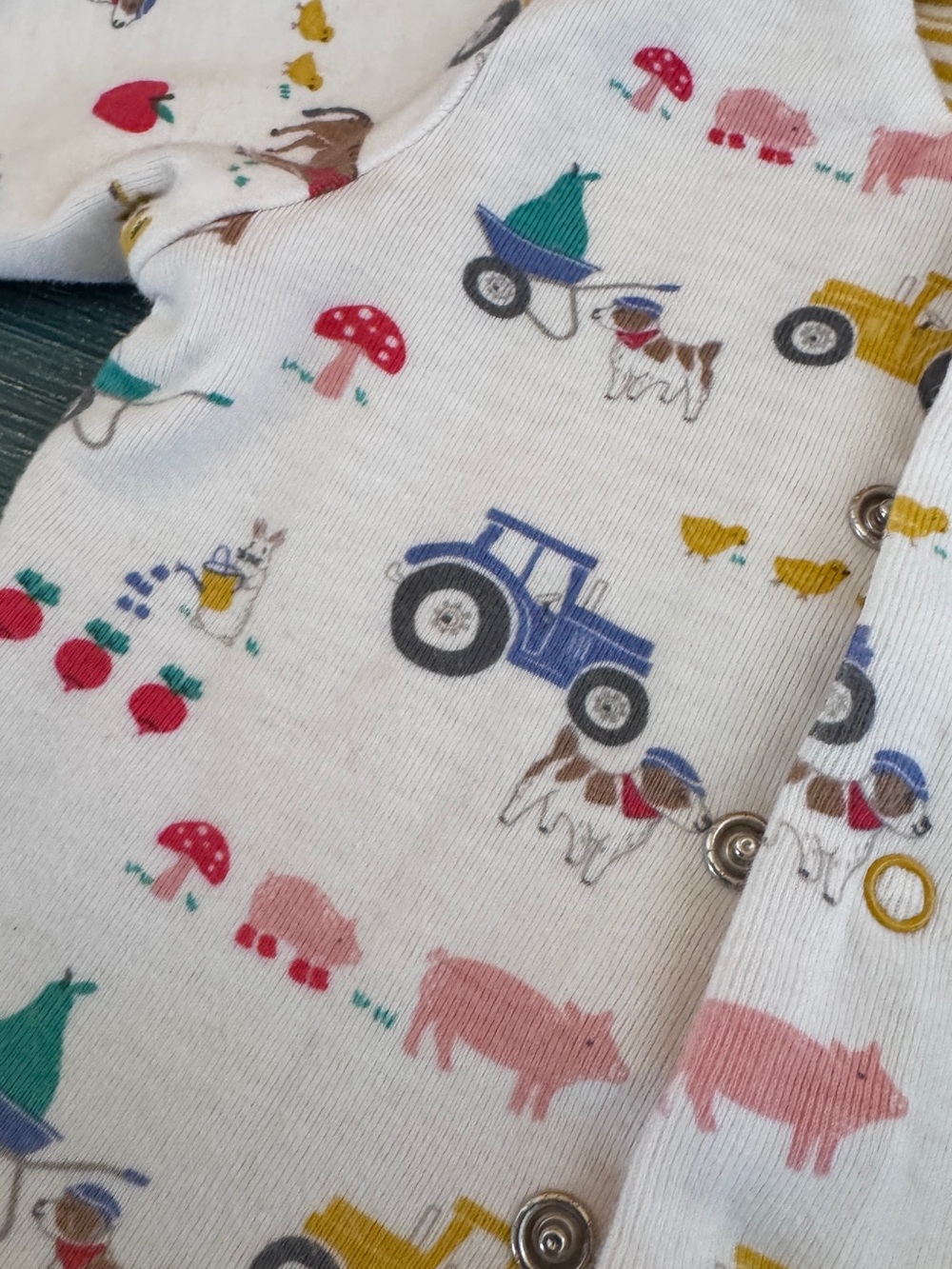 Baby Boden Striped Yellow & White Baby One-Piece with Farm Print - Picture 2 of 4